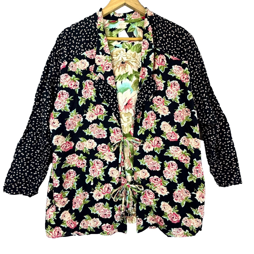 VTG Carole Little Jacket Women 10 Black Floral Rayon Crepe Art to Wear Tie Front